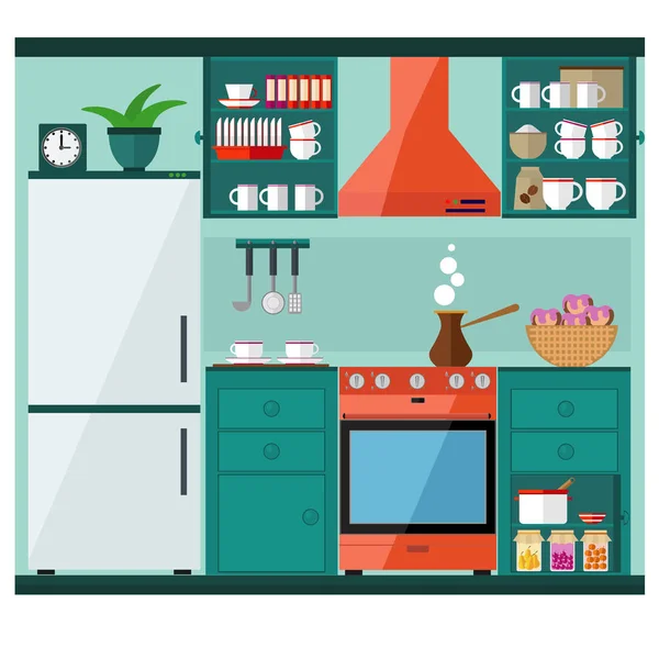 Кухня Мебелью Бытовой Техникой Посудой Векторная Иллюстрация Плоского Стиля — стоковый вектор