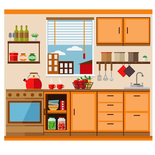 Niedliche Küche Orange Mit Fenster Schränken Und Verschiedenen Utensilien Vektorillustration — Stockvektor