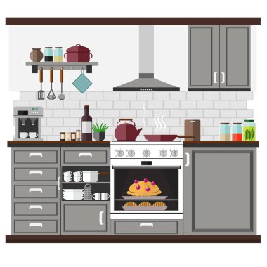 Modern mutfak dolapları, fırın ve mutfak eşyaları ile iç. Vektör set.