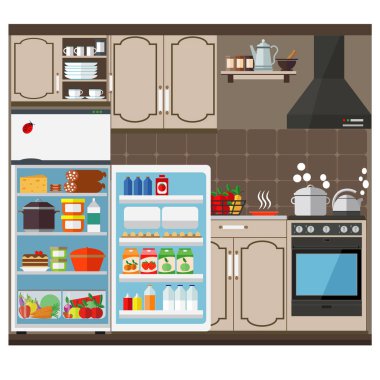 Modern mutfak büyük açık buzdolabı, dolapları ve mutfak eşyaları ile. Vektör yemek ve mutfak tema ayarlamak.