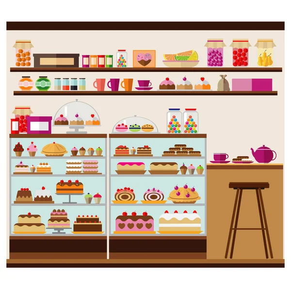 Patisserie Café Met Een Heleboel Heerlijke Snoepjes Interieur Vector Illustratie — Stockvector