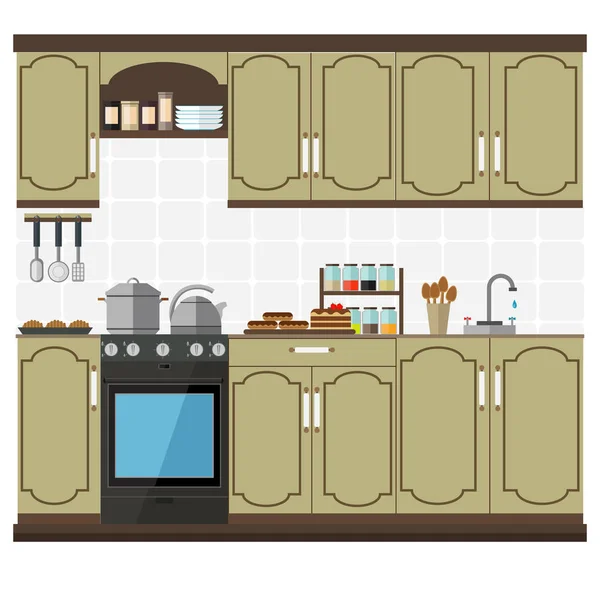 Стильная Современная Кухня Шкафами Полками Комплект Кухонной Мебели Посуды Векторная — стоковый вектор