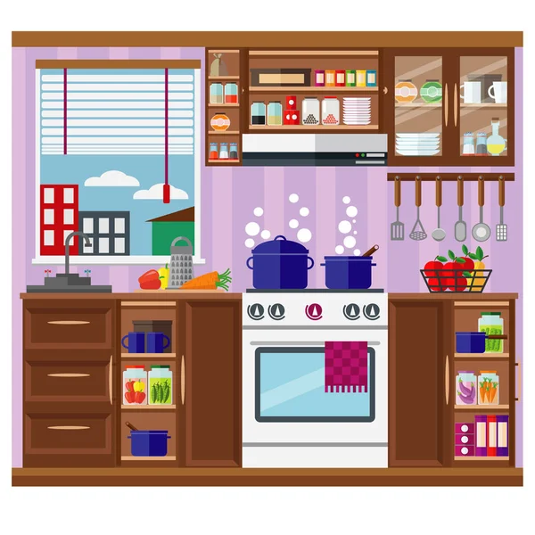 Interior Cozy Home Kitchen Lockers Sink Stove Kitchenware Vector Illustration — Stock Vector