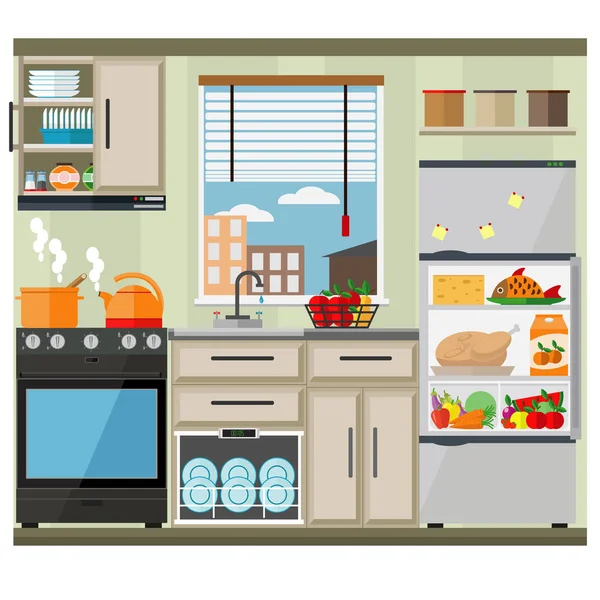 Яскрава Кухня Вікном Меблями Побутовою Технікою Посудом Векторна Ілюстрація Кухонного — стоковий вектор