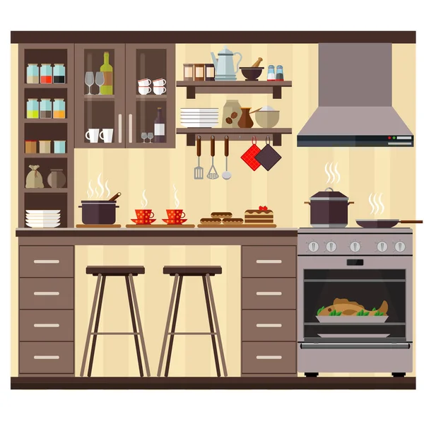 Гарна Затишна Кухня Столом Стільцями Меблями Посудом Векторні Ілюстрації — стоковий вектор