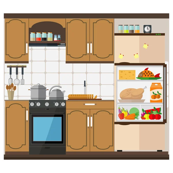 Cozinha Brilhante Com Móveis Eletrodomésticos Utensílios Cozinha Ilustração Vetorial Conjunto — Vetor de Stock