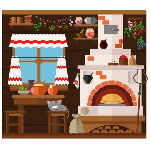 Intérieur Maison Village Russe Avec Poêle Russe Cuisine Traditionnelle Maison — Image vectorielle