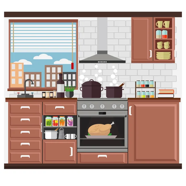 Interior Ilustración Vectorial Sobre Tema Cocina Set Cocina — Vector de stock