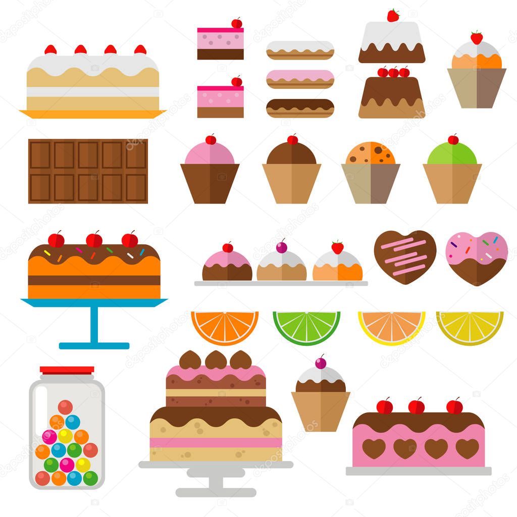 Set of confectionery products: cakes, chocolate, marmalade, marshmallows. Vector illustration on the theme of delicious treats.