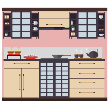 Mutfak dolabı, raf ve mutfak aletleri ile Japon tarzında. Vektör çizim.