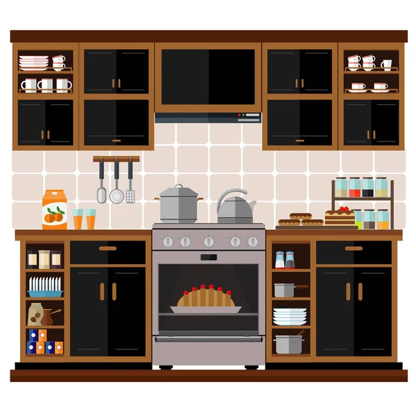 Cocina Elegante Moderna Tonos Oscuros Negros Ilustración Vectorial Conjunto — Vector de stock