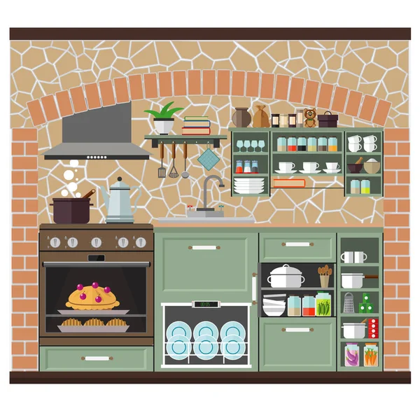 居心地の良いキッチン台所用品 キャビネット 石壁が背景の多く ベクトル イラスト セット — ストックベクタ