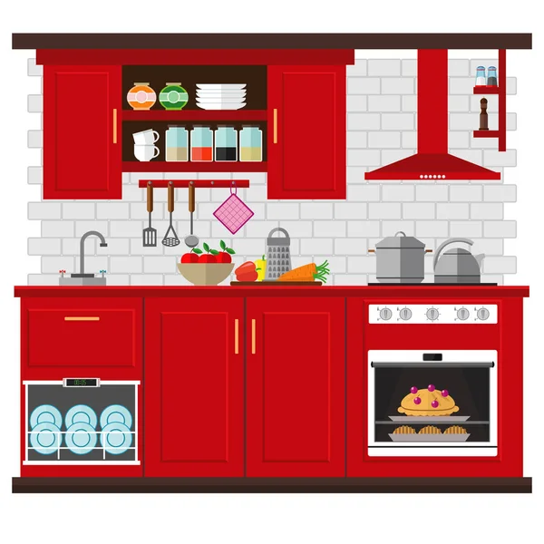 Кухонний Гарнітур Меблями Посудом Побутовою Технікою Векторні Ілюстрації Тему Інтер — стоковий вектор