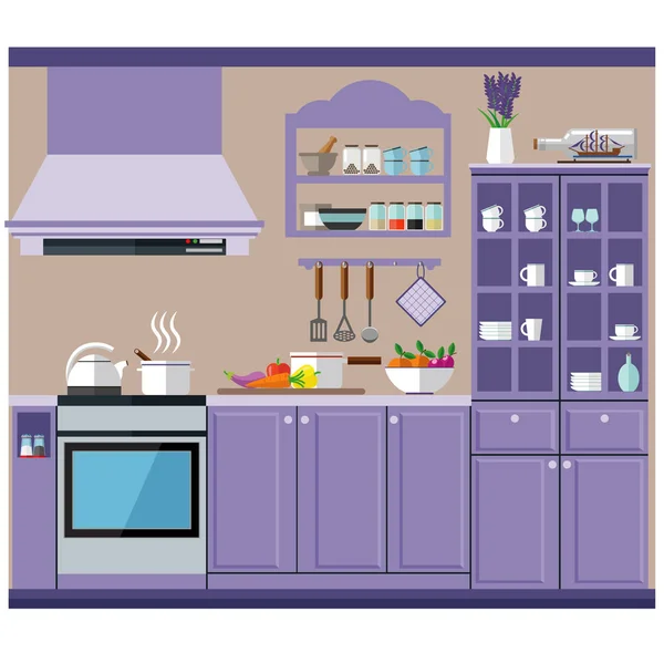 Cozy Kitchen Style Provence Lot Cabinets Dishes Kitchen Utensils Vector — Stock Vector