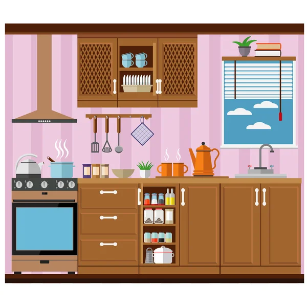 Cucina Con Mobili Fornelli Finestre Illustrazione Vettoriale Set — Vettoriale Stock