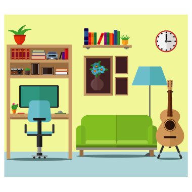 Oturma odası mobilya ve bilgisayar ile.