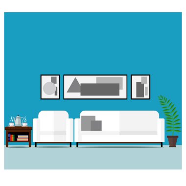 Minimalist tarzda oturma odası iç. Vektör çizim, mobilya ayarla.