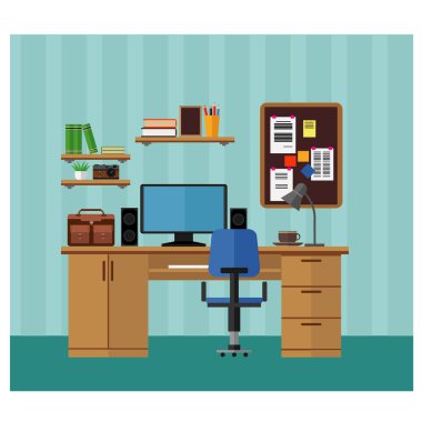 İşyeri, Masa, bilgisayar ve kitap ile oturma odası. Vektör set.