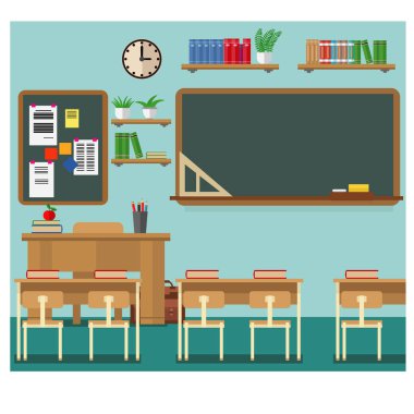 Tahta ve masalarla dolu bir sınıf. Öğrenme sınıfı, vektör illüstrasyon seti.