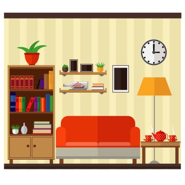 Bir bilgisayar, Masa, kanepe ve gitar ile oturma odası iç. Vektör çizim ayarla.