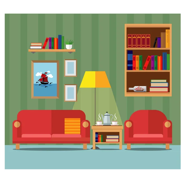 Gemütliches Wohnzimmer Mit Sofa Sessel Bücherregal Und Teetisch Vektordarstellung Einstellen — Stockvektor