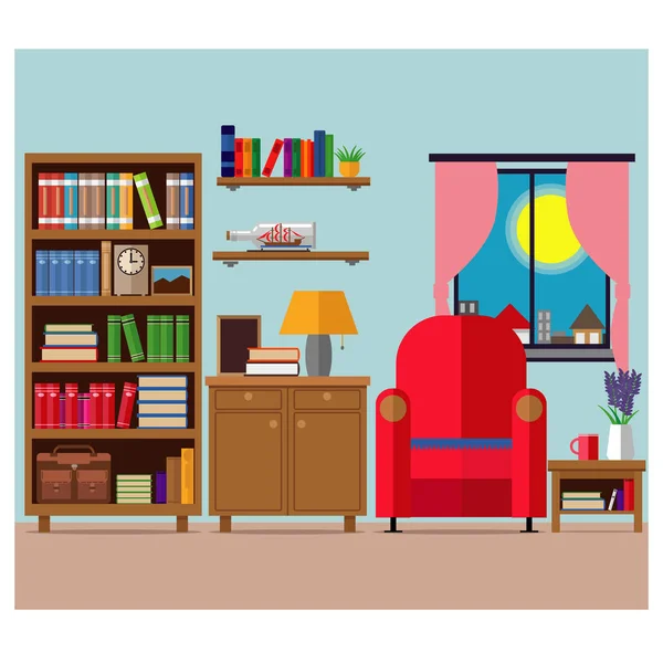 Acogedora Sala Estar Lugar Para Relajarse Con Muebles Libros Ilustración — Archivo Imágenes Vectoriales