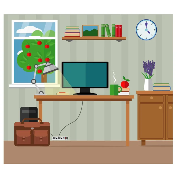 Sala Estar Lugar Trabajo Con Computadora Muebles Ventana Ilustración Vectorial — Vector de stock