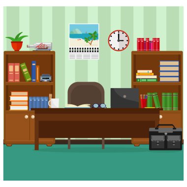 Rahat ofis masası, dizüstü bilgisayar, kütüphaneler ve kitap ile. İşyeri iç konulu vektör çizim.