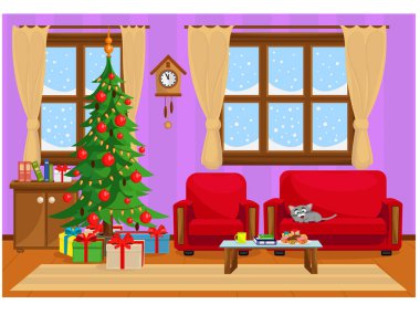Vektör çizim Noel Noel ağacı, hediyeler, kanepe, Masa davranır ve karla kaplı pencere ile yatak odası.