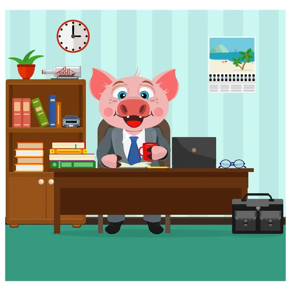 Le cochon, un employé de bureau. Grand patron, commis, directeur. Symbole de 2019. Illustration vectorielle . — Image vectorielle