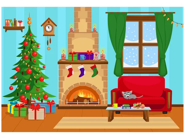 Vektör Çizim Noel Noel Ağacı Hediyeler Kanepe Masa Davranır Şömine — Stok Vektör