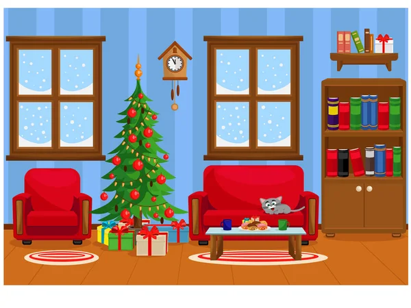 Vektör çizim Noel Noel ağacı, hediyeler, kanepe, Masa davranır ve karla kaplı pencere ile yatak odası.