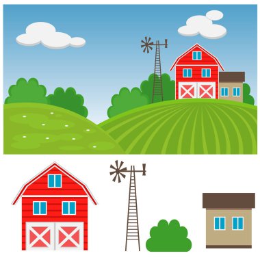 Tepenin çiftlikte. Kırsal ev konulu illüstrasyon vektör, ayarla.