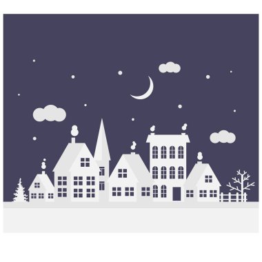 Mutlu Noeller ve mutlu yeni yıl. Bir küçük kış şehir. Kağıt Sanat dijital tarzı. Vektör çizim.