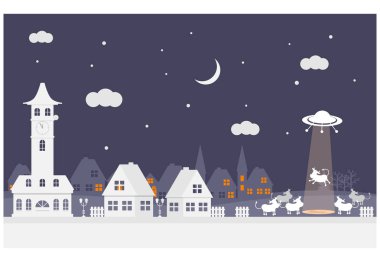 Uzaylılar bir inek kaçırırlar. Noel ve yeni yıl. Kağıt Sanat dijital tarzı. Vektör çizim.