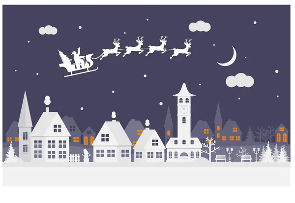 Mutlu Noeller ve mutlu yeni yıl. Noel Baba geyik ile bir atlı kızak üzerinde gökyüzünde küçük bir kasaba. Kağıt Sanat dijital tarzı. Vektör çizim.