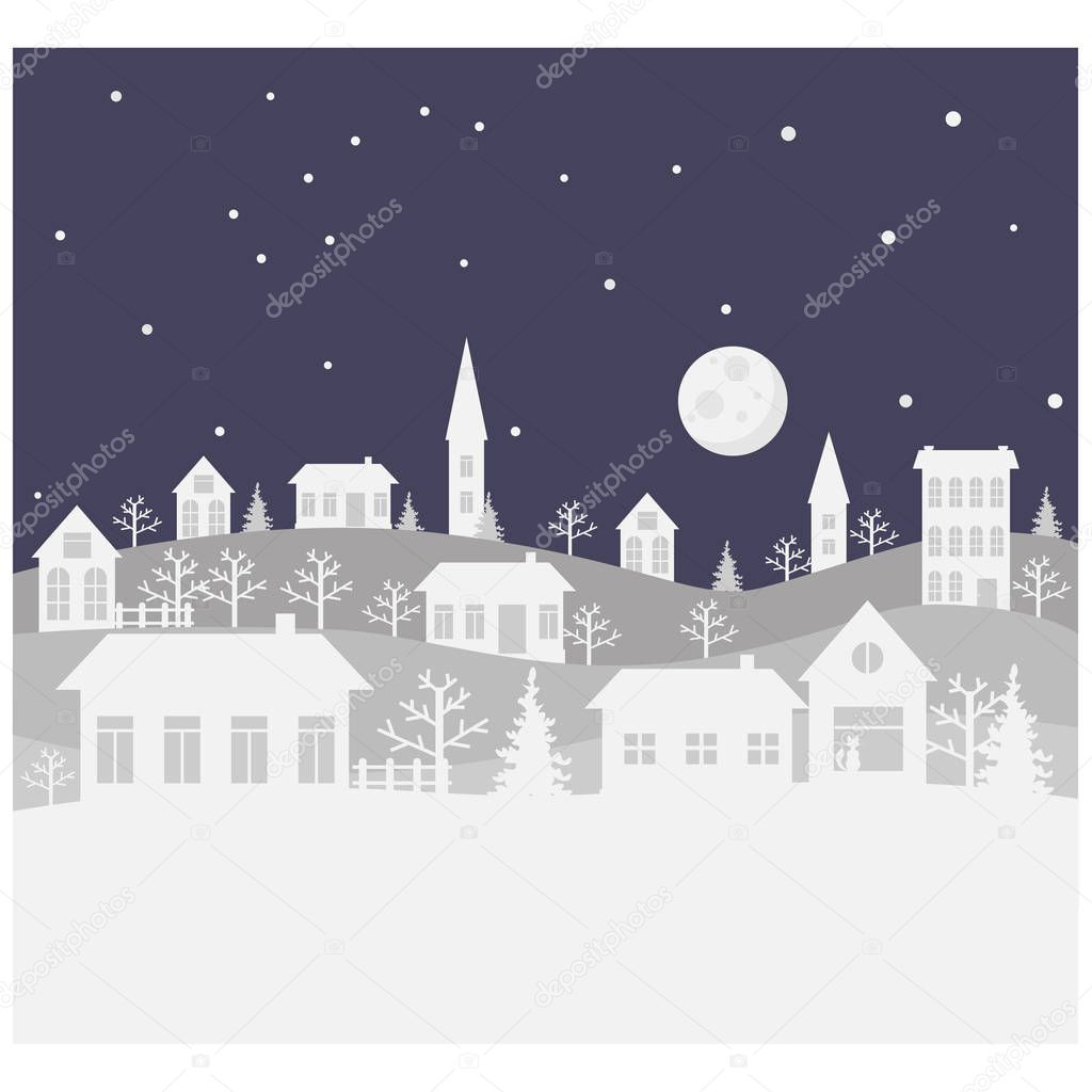 Merry Christmas and Happy New Year. A small winter city. Paper art in digital style. Vector illustration.