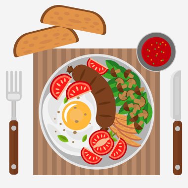 Sosis, sebze ve mantar ile omlet. Vektör çizim Tema gıda, üstten görünüm.