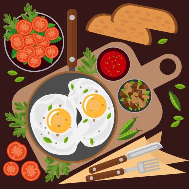 Bir kızartma tavası, domates salatası, mantar ve sebze Fried yumurta. Vektör çizimi Tema gıda, sağlıklı kahvaltı.