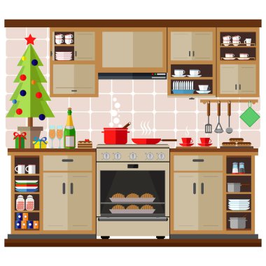 Noel mutfak iç, Noel ve yılbaşı kutlamak için lezzetli yemek. Kış tatili, illüstrasyon vektör.