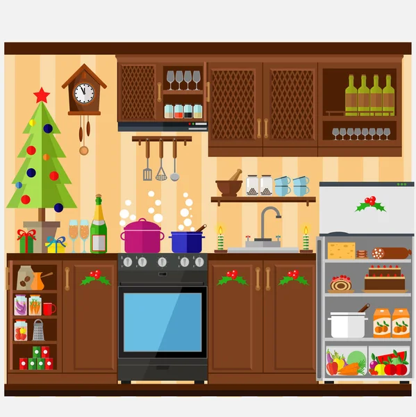 Kerst Keuken Interieur Koken Van Heerlijke Gerechten Vieren Van Kerstmis — Stockvector