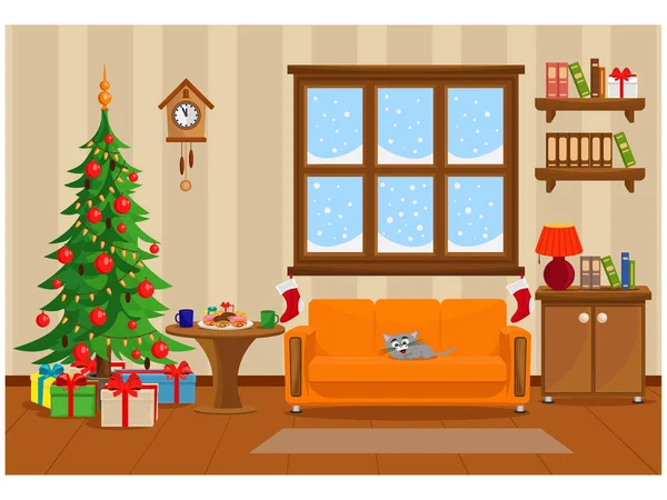 Vektör çizim Noel Noel ağacı, hediyeler, kanepe, Masa davranır ve karla kaplı pencere ile yatak odası.