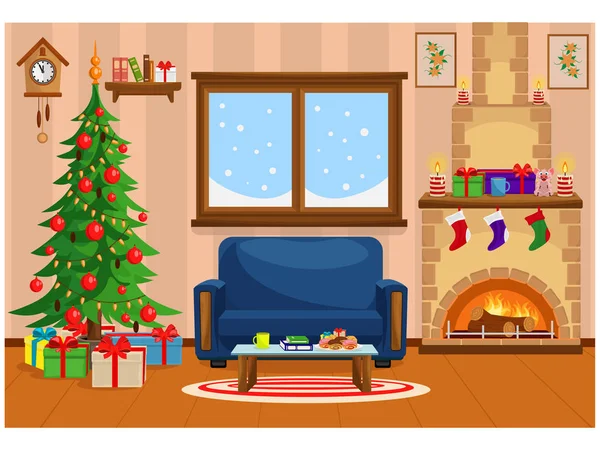 Vektör çizim Noel Noel ağacı, hediyeler, kanepe, muamele etmek, karla kaplı penceresi ve şömine masası yatak odası.