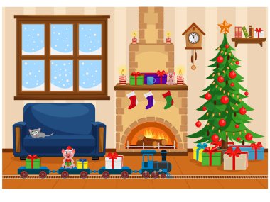 Noel oturma odası Noel ağacı, hediyeler, kanepe, masa ile muamele etmek, karla kaplı pencere, şömine ve bir oyuncak tren bir lokomotif ile vektör çizim.