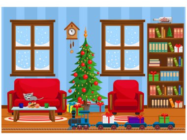 Vektör çizim Noel Noel ağacı, hediyeler, kanepe, Masa davranır, karla kaplı windows ve bir oyuncak tren bir lokomotif ile yatak odası.