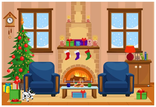 Vektör çizim Noel Noel ağacı, hediyeler, sandalye, Masa davranır, karla kaplı penceresi ve şömine ile oturma odası. Beklenmedik bir hediye, köpek robot.