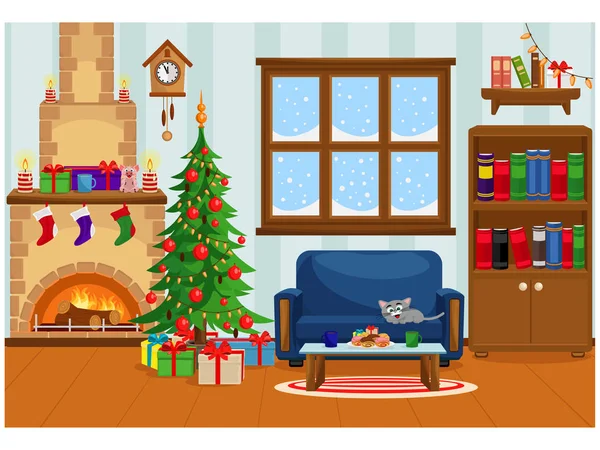 Vector Illustration Decorated Room Christmas New Year Fireplace Christmas Tree Vector Graphics