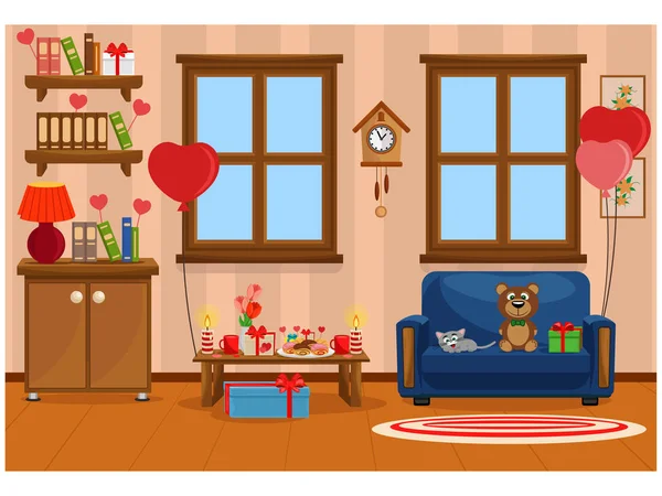 Sevgililer günü kutlama için hazırlanan oda iç vektör Illustration. Mobilya, davranır, romantizm.
