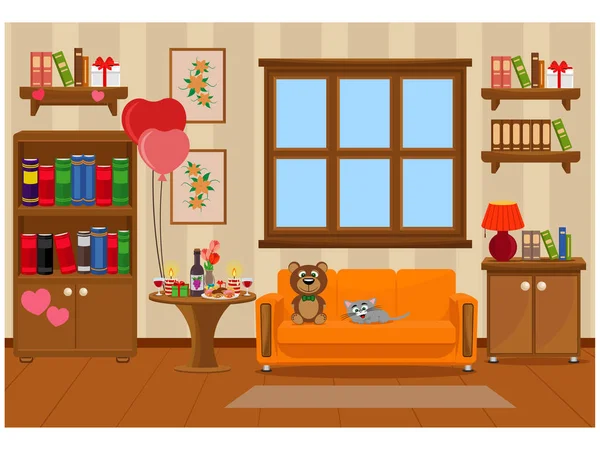 stock vector Vector illustration of the interior of the room prepared for the celebration of Valentine's day. Furniture, treats, romance.