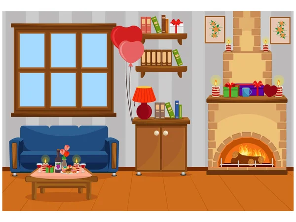 Sevgililer günü kutlama için hazırlanan oda iç vektör Illustration. Mobilya, davranır, romantizm.